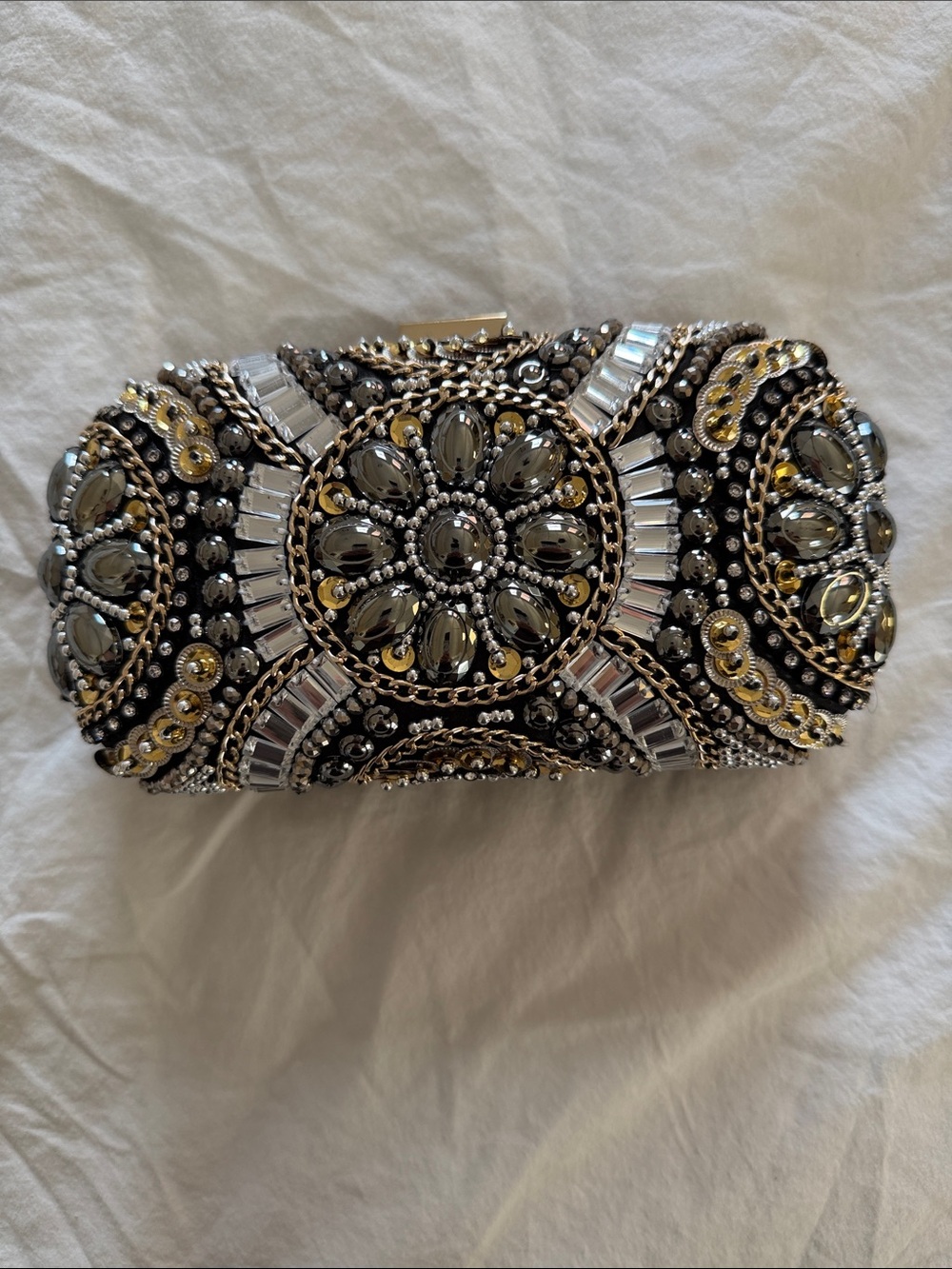 Aldo Black Clutch with Gold and Silver Beadwork